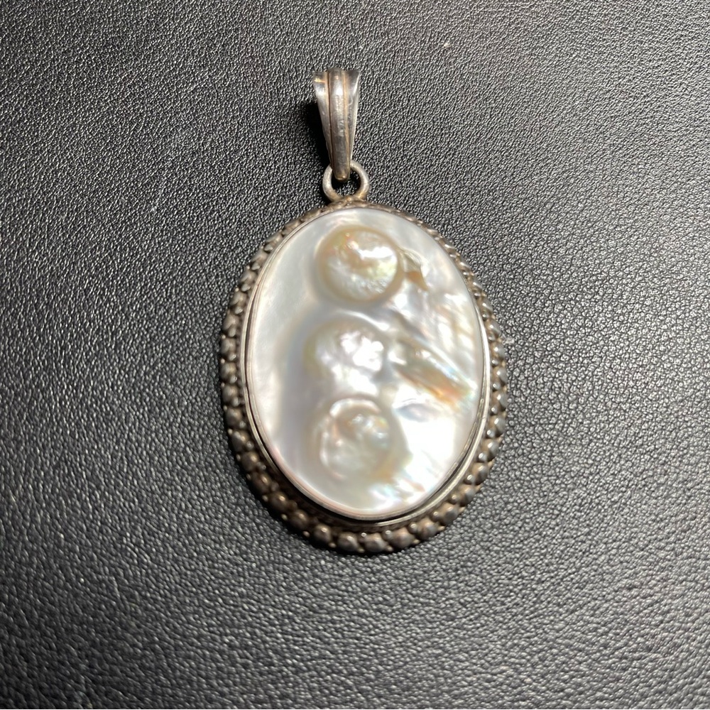 Large Sterling Silver Triple Blister Pearl Pendant 2 5/8”x1 1/2” 28.9 Grams